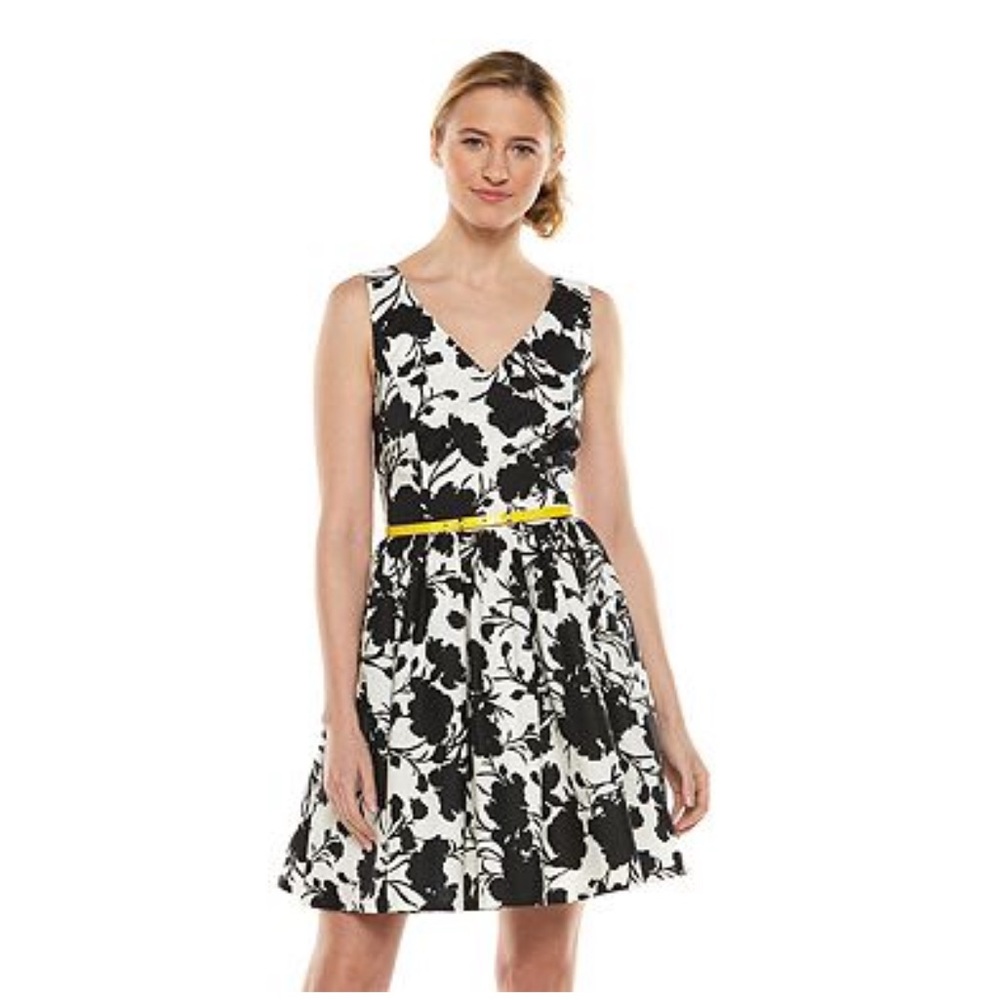 Elle Black and White Floral Sleeveless Dress Yellow Belt Summer Formal Casual